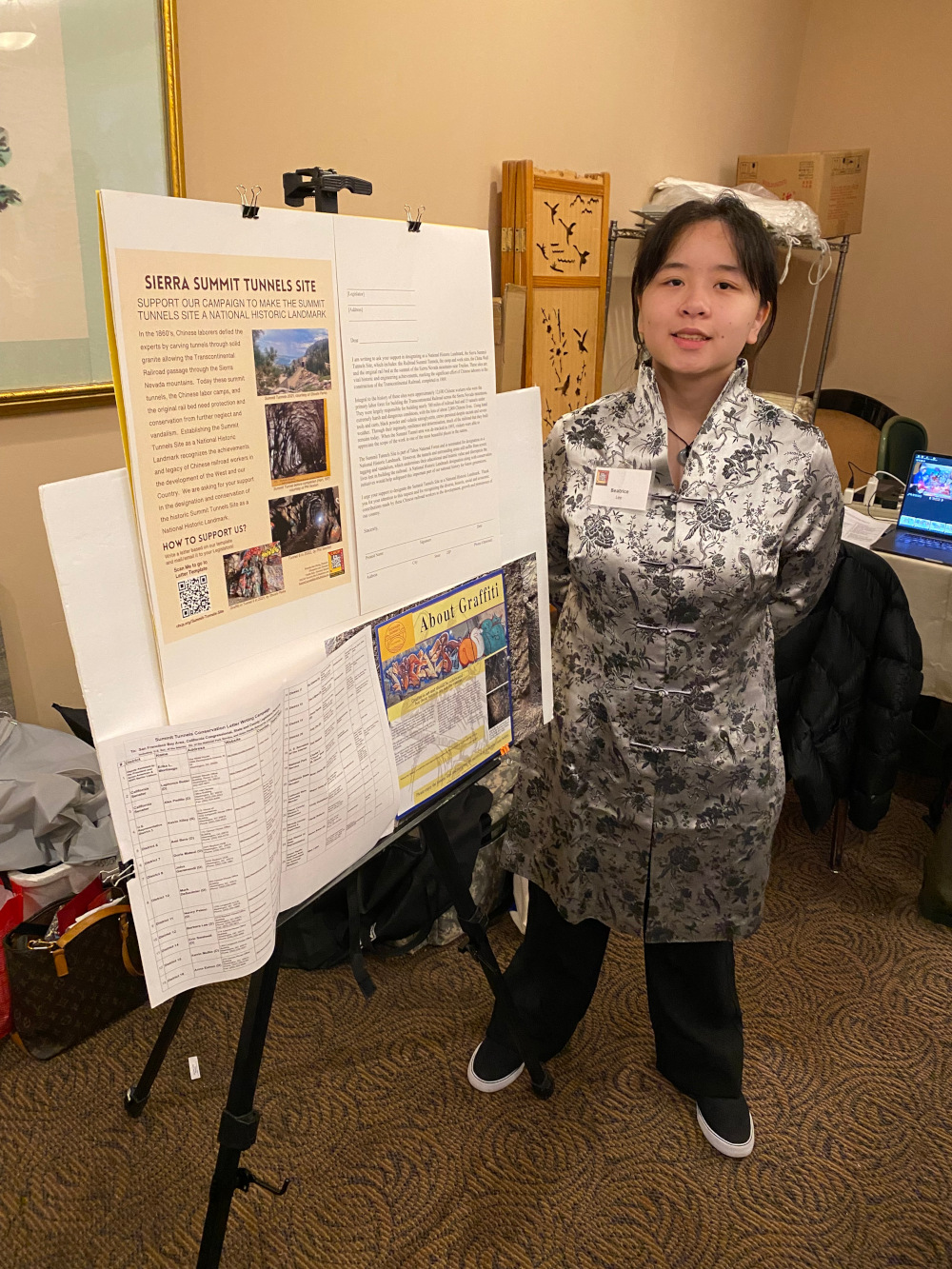 SDCAP Member Beatrice Lee displays Summit Tunnels Site Literature